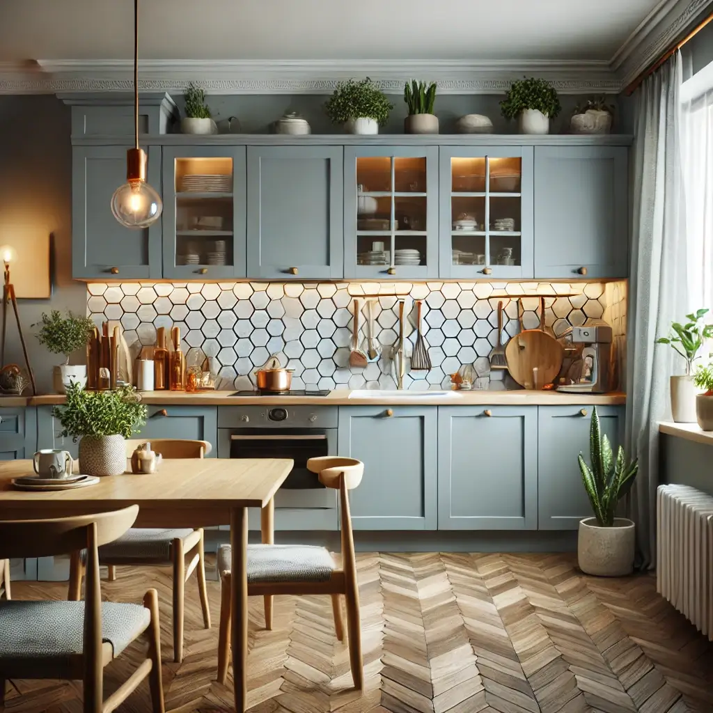 kitchen with a soft bluish-gray color palette