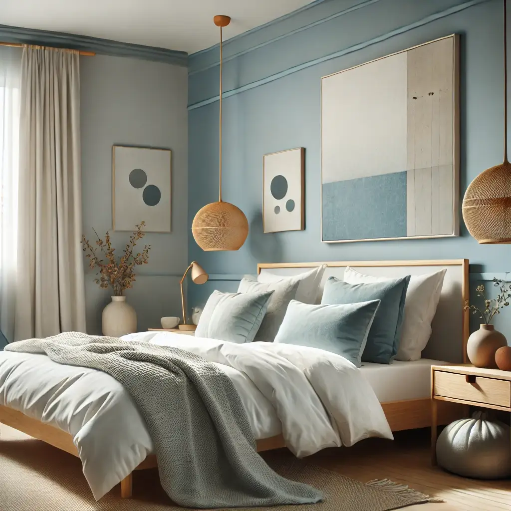 Cozy minimalist bedroom with a soft bluish-gray color scheme. Features a natural wood bed with white bedding, accented by blue and gray pillows, and a light grayish-blue throw blanket. The room includes warm rattan pendant lights, abstract wall art in blue and beige, and light wood bedside tables with simple decor. Soft cream curtains frame a window, creating an inviting, well-lit atmosphere. Perfect for modern home decor inspiration with a calming, neutral palette.