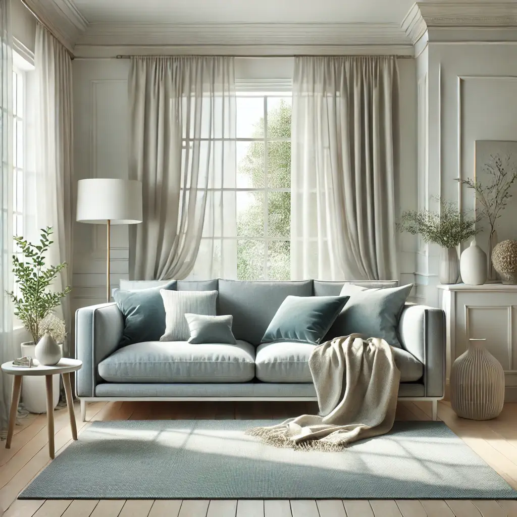 home furniture a complete bluish gray sofa in a cozy and elegant living room